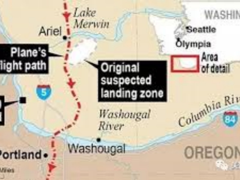 Map showing DB Cooper's flight path from Portland to Seattle and the estimated jump zone